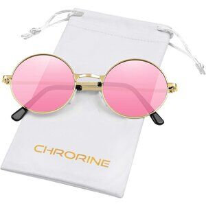 Chrorine Women's Gold Frame Pink Lens Hippie Round 70s Retro Sun Glasses